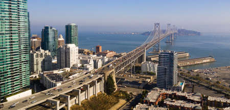 Traffic goes in and out of town via upper and lower decks on the Bay Bridge in San Francisco CA
