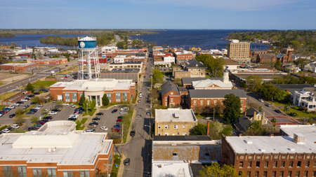 Aerial view of the picturesque downtown urban area of Elizabeth City North Carolinaの写真素材