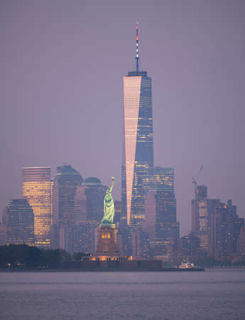 New York City Manhattan Skyline Ellis Island Statue of Liberty USAの写真素材