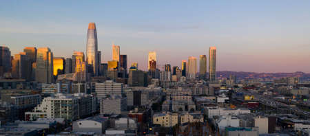 Beautiful light fills the air in downtown urban core of San Francisco Californiaの写真素材
