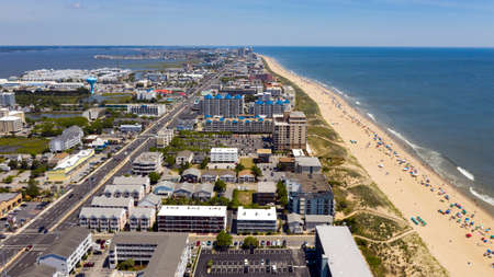 Parasols dominate the aerial view of this beach on the Atlantic Oceanの写真素材