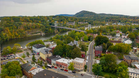 Rondout Creek flows past under bridges on the waterfront in South Kingston New York USAの写真素材