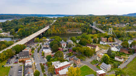 Rondout Creek flows past under bridges on the waterfront in South Kingston New York USAの写真素材