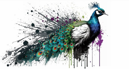 Colorful illustration of a Peacock wild animal nature scene wildlife white backgroundの素材