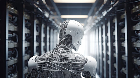 Confident looking white and gray robot walks thru room with computer serversの素材