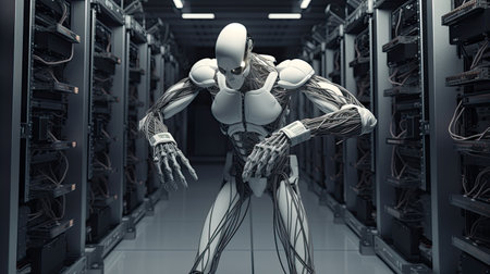 Limp white robot stands in room with computer servers bent over getting data upload transferの素材