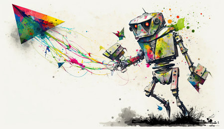 Cartoon robot walksalong flying a kite looking at viewerの素材