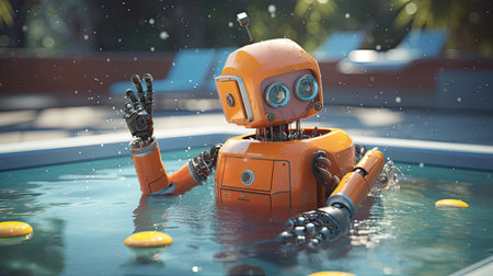 16:9 horizonatal representation landscape image bright colored orange robot relaxing in the poolの素材