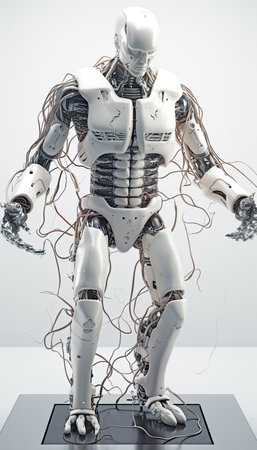 Standinging practicing white robot walks thru room stopping on a padの素材