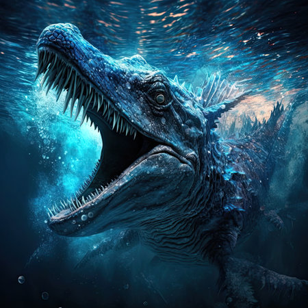 Sea MOnster teeth showing mouth open bubbles and ripples blue waterの素材