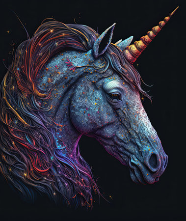 Vivid color Unicorn on a black bacground illustrationの素材