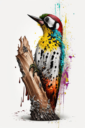Woodpecker on tree trunk red yellow green aqua colors on whiteの素材