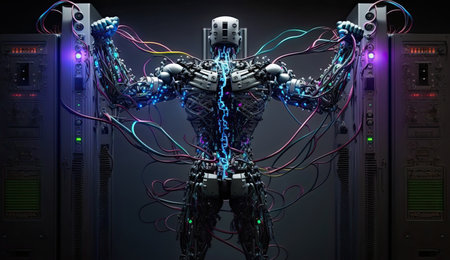 Robot with wires going to him from servers on each sideの素材