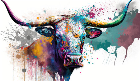 Pano Image of a cow male animal in a portrait sitting with paint splatterの素材