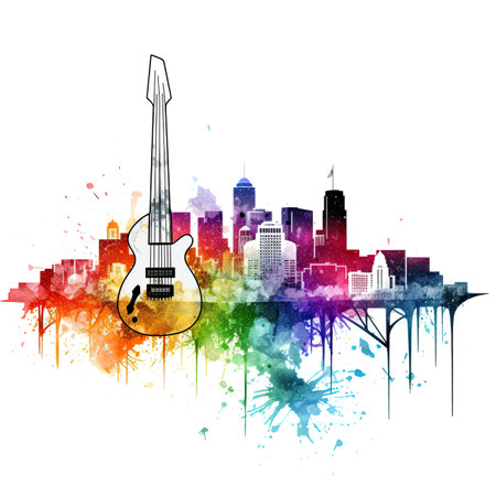 Nashville music city skyline with big guitarの素材