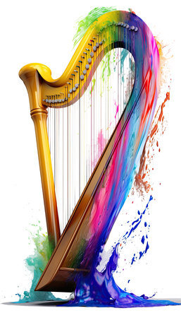 The harp is a stringed musical instrument that has individual strings running at an angle to its soundboard; the strings are plucked with the fingers. Harps can be made and played in various ways, standing or sitting, and in orchestras or concerts.の素材
