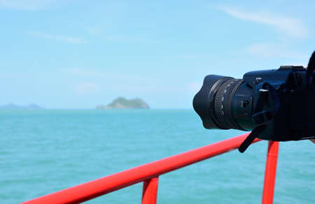 Closeup scene of camera on the boat during travel to islandの写真素材