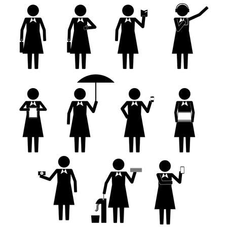 Female Business Woman Businesswoman Holding Various Objects Item Stick Figure Pictogram Iconsのイラスト素材