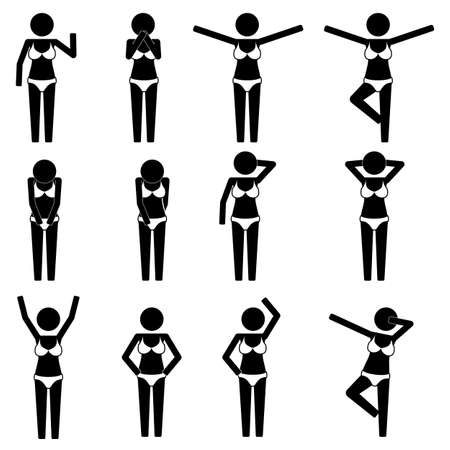 Girl female with bikini with various gesture icon symbol sign pictogramのイラスト素材