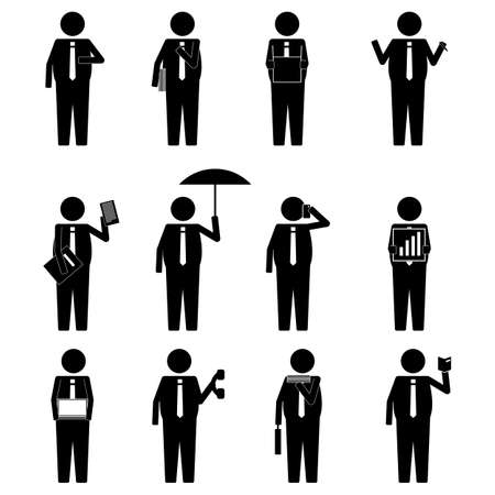 Fat man business man holding various item icon sign symbol pictogramのイラスト素材