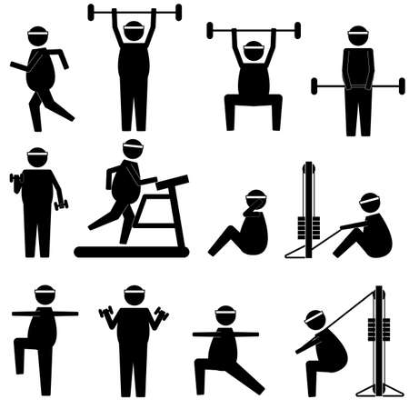 fat man doing various exercise and loosing weight icon symbol pictogram signのイラスト素材