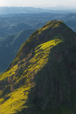 Mountain landscape in the morning light. View from the top of the mountain.の写真素材