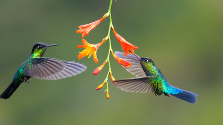 Hummingbird feeding nectar from orange flower, Colombia, South Americaの写真素材