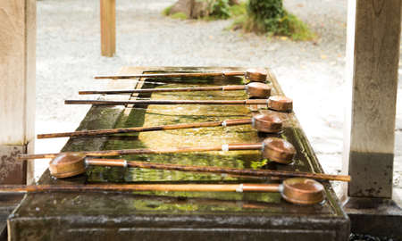 Photograph of a row of saucepans to drink holy water