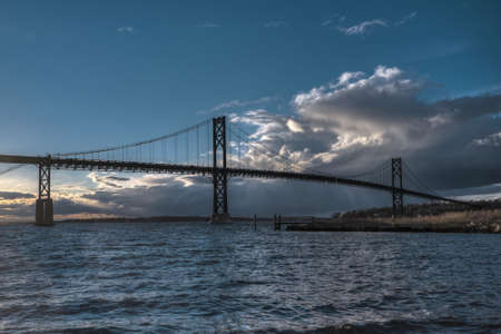 A storm approaches the Mt. Hope Bridge in Rhode Island.