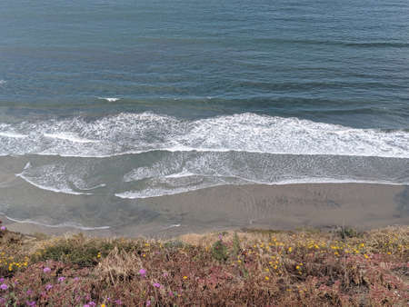Ocean waves crash on a sandy beach at Torrey Pines State Nature Reserve near San Diego, California,...
