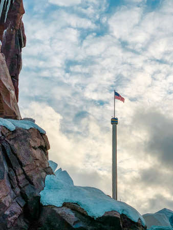 US flag at the top of the Sea World tower in Orlando, Florida