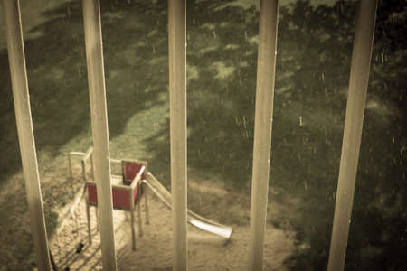 parc, playground, slide, play structure, bars, rain, grass