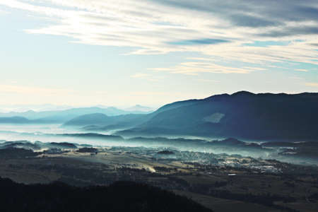 blue, sky, clouds, country, town, plains, hills, mountains, trees, grass, fog, mist