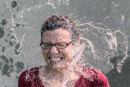 water, splash, wet, girl, woman, face, glasses, mouth, teeth, hair, people