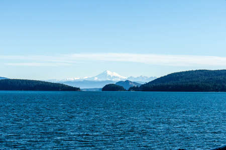 mountains, lake, water, trees, hills, peaks, snow, landscape, nature, outdoors, sky