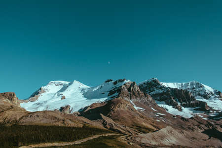 blue, sky, moon, mountains, snow, peaks, cliffs, hills