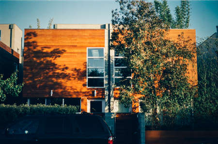 wood paneling, house, windows, modern, trees, entrance