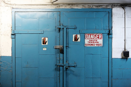 door, danger, high voltage, electricity, blue, wall, concrete