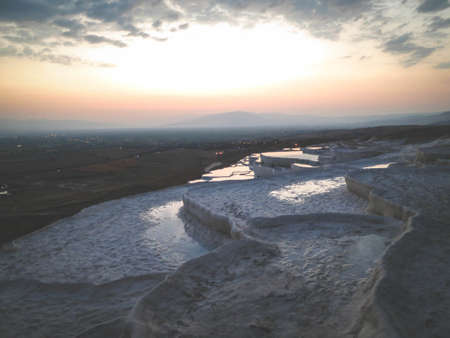Travertine pools, Pamukkale, Turkey, landscape, nature, water, fields, view, sunset, sky