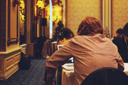 business, conference, people, working, laptops, table