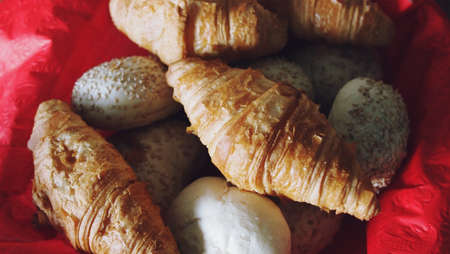croissants, pastries, cookies, baking, breakfast, food, basket