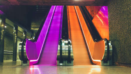 escalator, staircase, metro, subway, lights, neon, oslo, underground