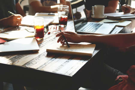 team, meeting, business, office, notes, notepad, pens, writing, laptop, computer, drinks, coffee,...