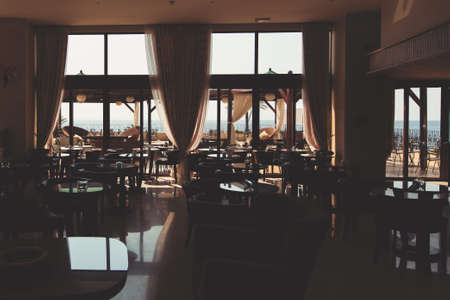 restaurant, table, chairs, windows, curtains