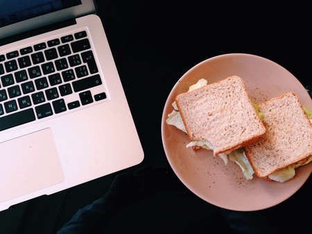 macbook, lunch, sandwich, food, plate, computer, laptop, technology, business