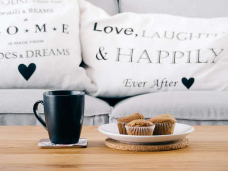 breakfast, muffins, coffee, table, couch, pillows, decor, food