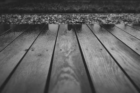 wood, deck, terrace, wet, raining, black and white