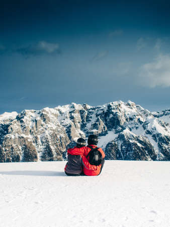 skiing, snowboarding, couple, love, romance, hugging, snow, mountains, peaks, sky, outdoors, nature,...