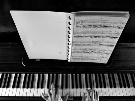 piano, music, instrument, musician, hands, notes, clef, black and white