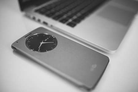 macbook, laptop, computer, smartphone, mobile, technology, business, clock, black and white